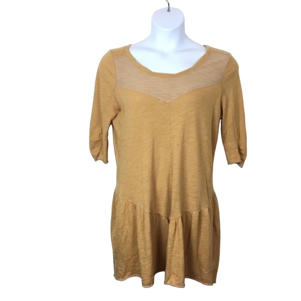 Free People Beach Dress Mustard T-Shirt Style With Flounce Drop Waist Size M